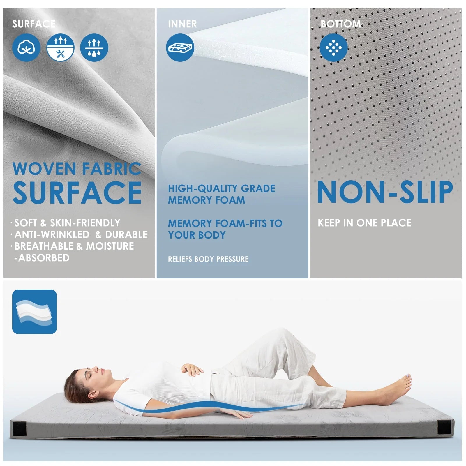 KingChii CertiPUR-US 3" Thick Memory Foam Camping Mattress, Sleeping Bed for Kids Adults, Portable Roll Up Sleeping Mats with Removable Waterproof Mattress Topper Travel Bag
