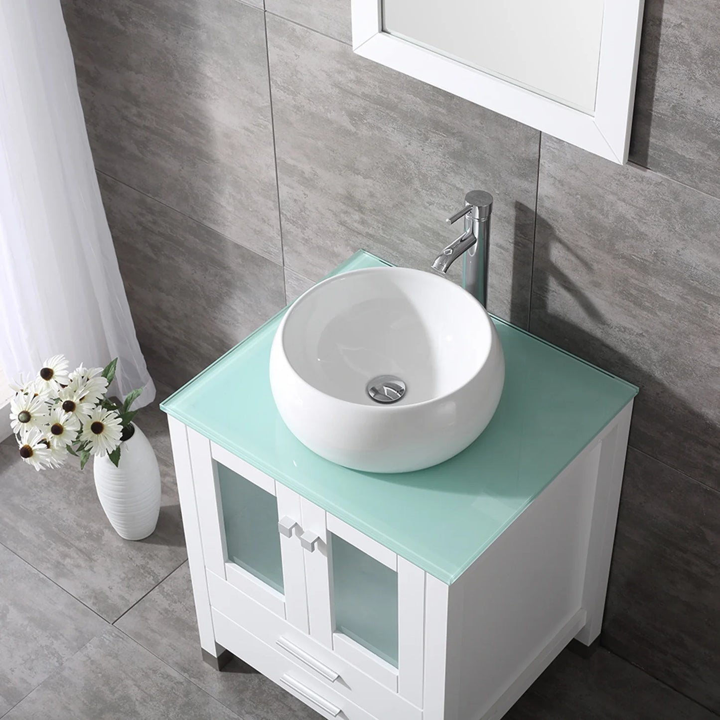 Wonline 24" Bathroom Vanity Cabinet Ceramic Sink Faucet Drain Combo w/Mirror Set White