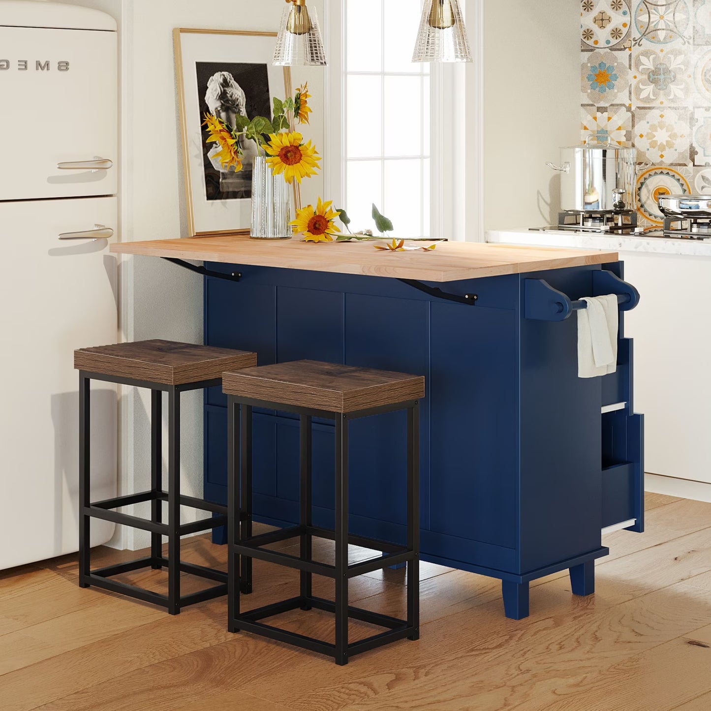 3 Pieces Farmhouse Style Kitchen Island Set with 2 Dining Stools, Kitchen Island with Adjustable Shelf, 4 Drawers, 2-Door Cabinet, Towel Rack & Rubber Wood Tabletop, Blue