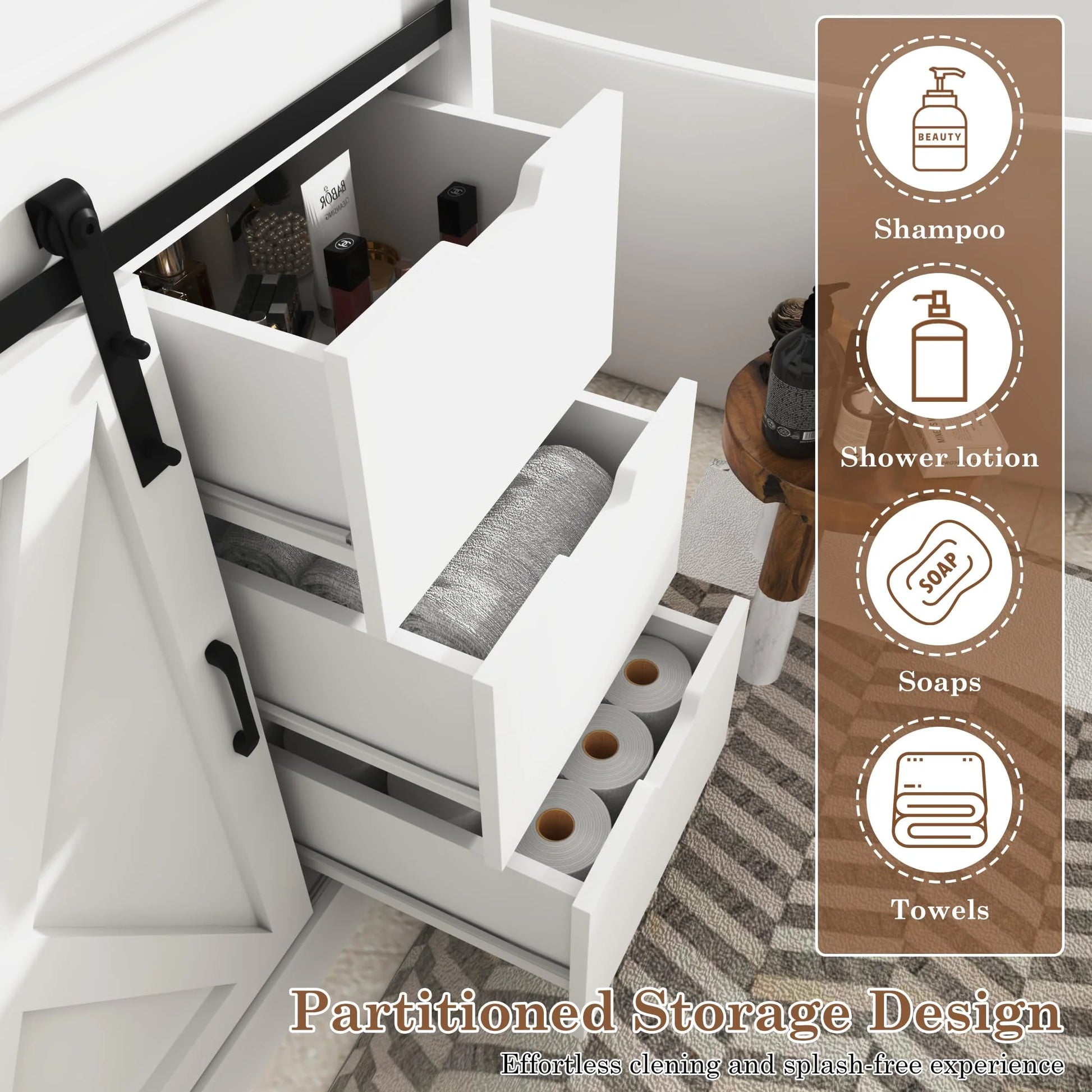 Blotout 36" Bathroom Vanity with Sink & Faucet & Mirror, Farmhouse Bathroom Vanity Cabinet Set with Sliding Barn Door & 3 Drawers, Freestanding Single Bath Storage Vanity Ceramic Sink, White