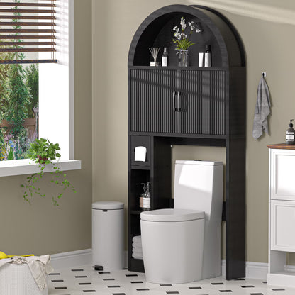 HARIPUL Over The Toilet Storage Cabinet w/Unique Wood Grain & Arc Design, Freestanding Bathroom Shelf Organizer Space Saver w/Doors & Anti-Tip Device, Wood Color