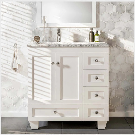Eviva Happy 30" W x 18" D x 34" H White Bathroom Vanity with White Carrara Marble Counter-Top