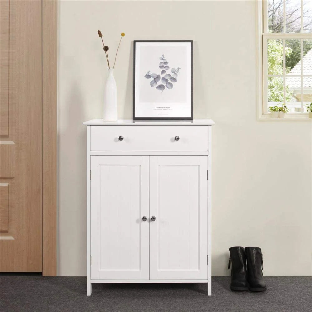 BaytoCare Wooden Free Standing Bathroom Floor Cabinet with Drawer and Double Doors, Bathroom Storage Organizer also Suitable for Kitchen Entryway Bedroom, White Finish