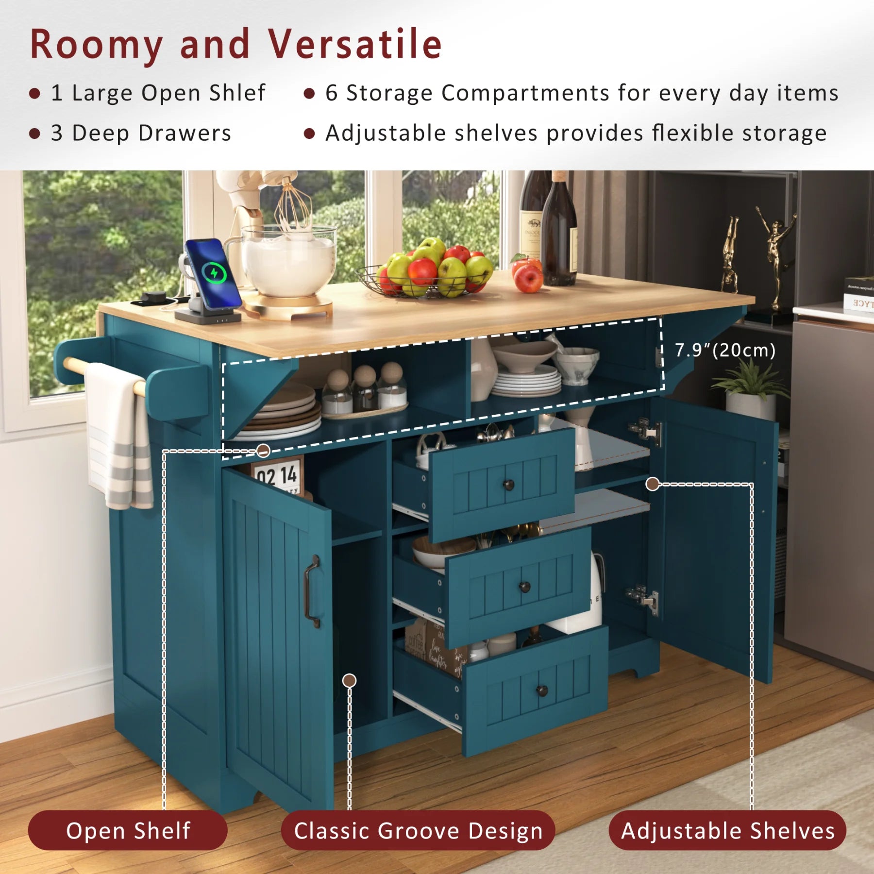 55.7'' Large Kitchen Island with 2 Drop Leaf,, Rolling Kitchen Cart on Wheels with Power Outlet, Spice & Towel Rack and 3 Drawers, Folding Storage Dining Table for Kitchen, Dining Room, Green