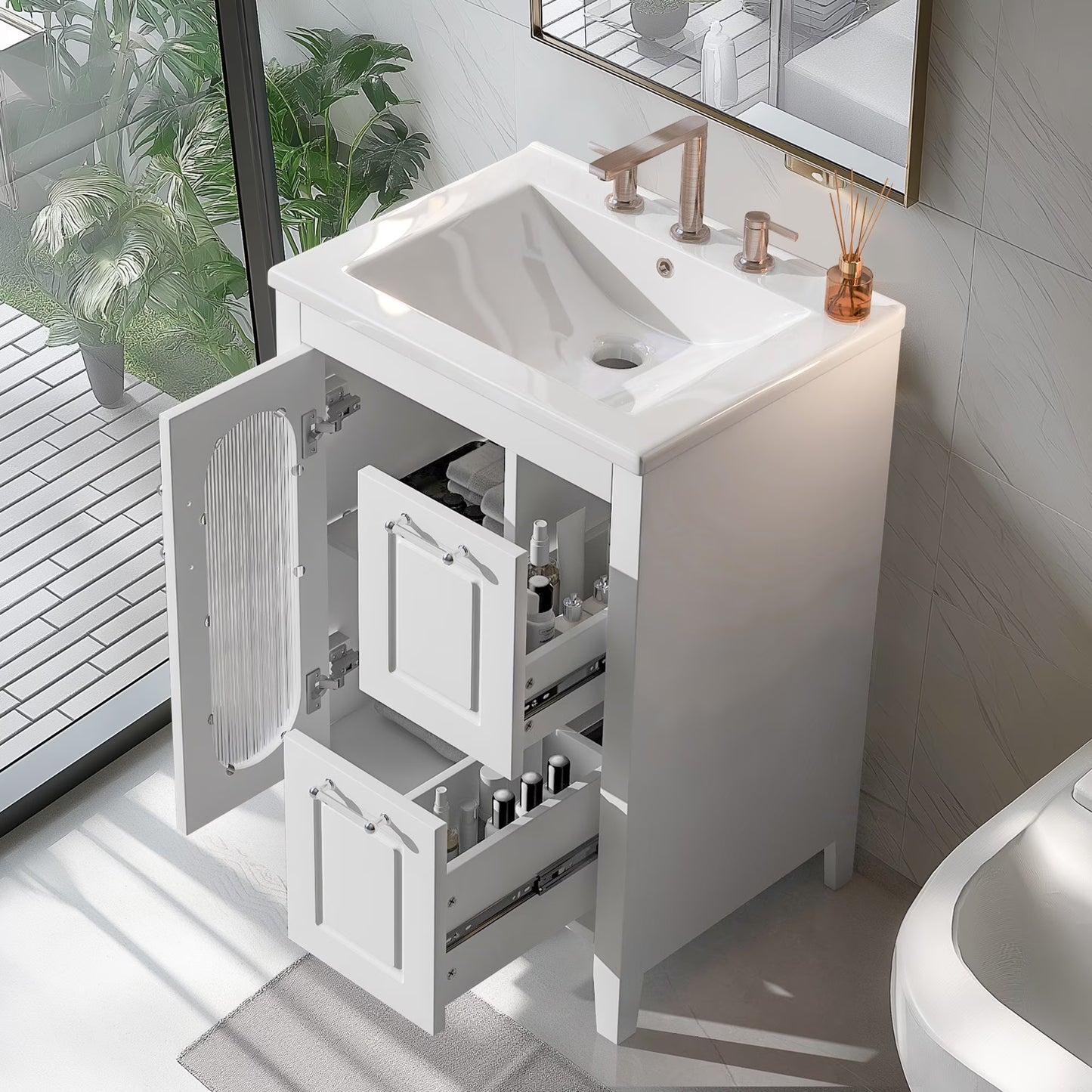 Soges 24" Bathroom Vanity with Ceramic Sink, Solid Wood Bathroom Makeup Cabinet with Door, Adjustable Shelf and 2 Drawer, Free Standing Single Basin Vanity Set for Small Bathroom, White