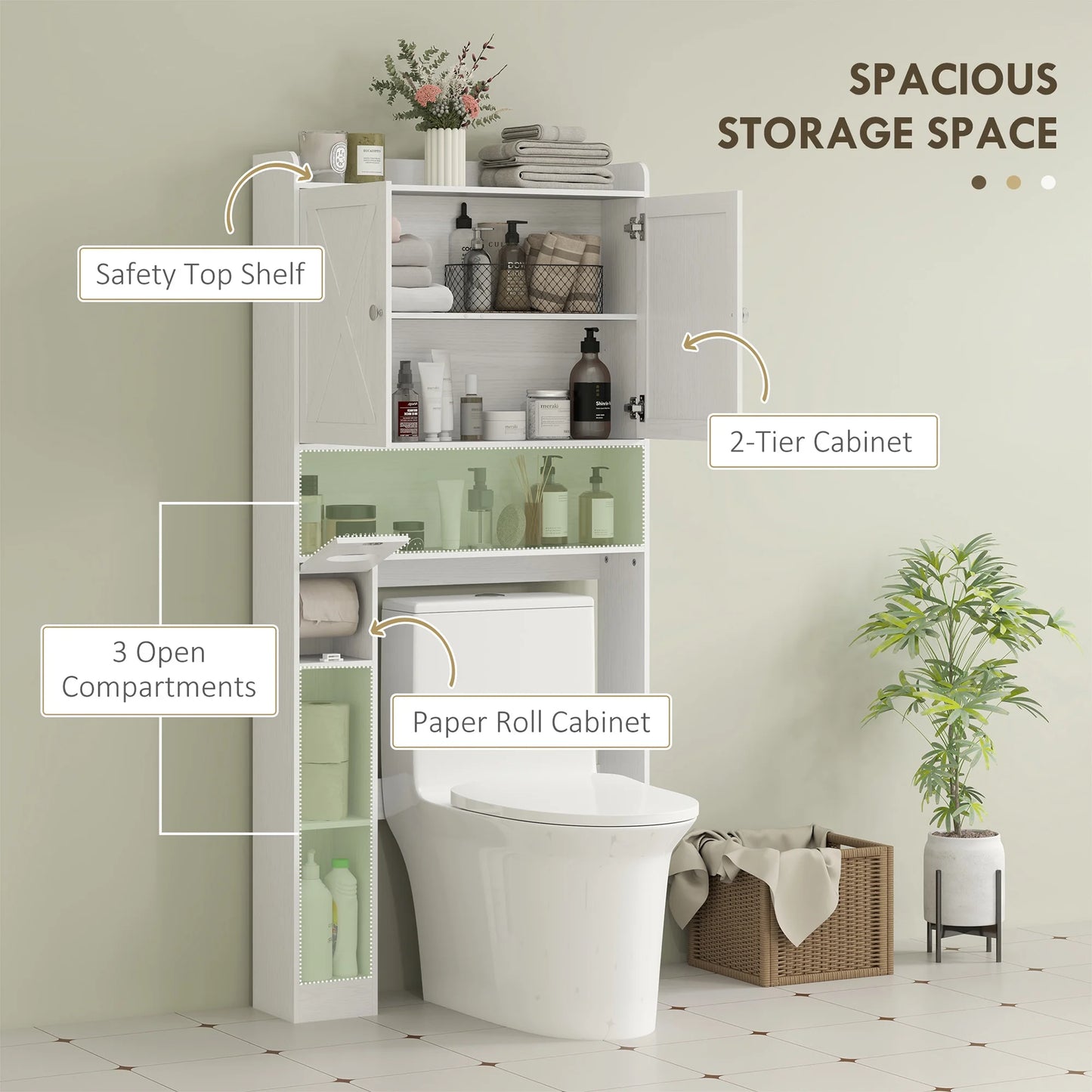 HOMCOM Over the Toilet Storage Cabinet, Farmhouse Above Toilet Bathroom Organizer with Barn Doors, Adjustable Shelf, Toilet Paper Holder, White