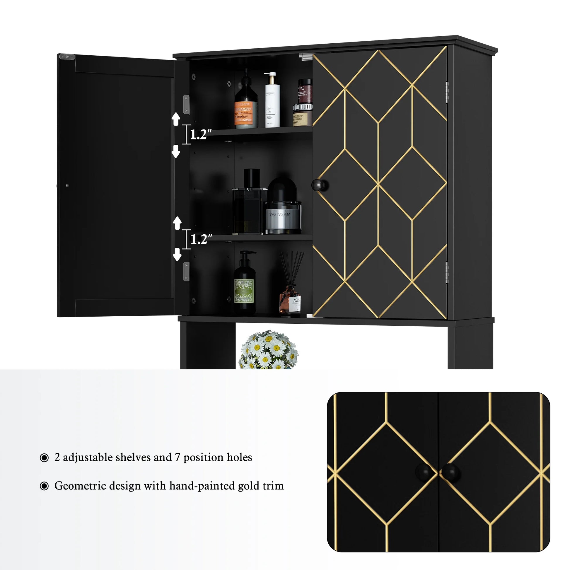 HLR Over The Toilet Storage Cabinet, Bathroom Above Toilet Storage Cabinet with Doors and Adjustable Shelves, Black