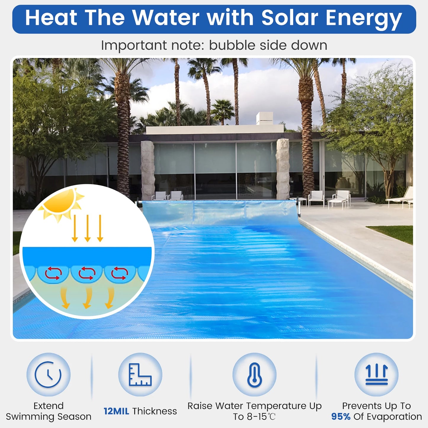 Costway 16x32 ft Rectangular Pool Solar Cover 12 Mil Heat Retaining Blanket with Carry Bag