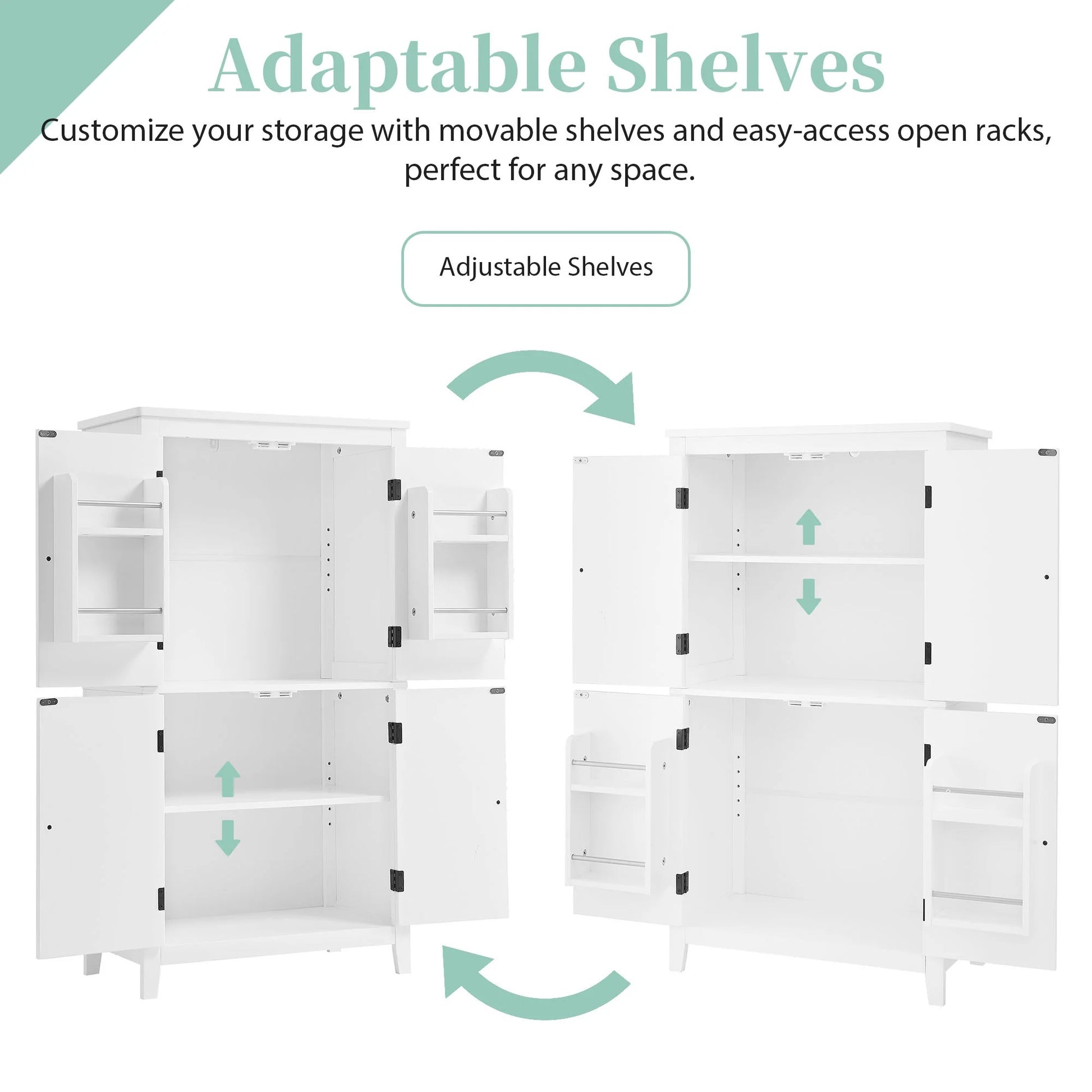 EUROCO Bathroom Floor Storage Cabinet,Bathroom Storage Unit,Freestanding Cabinet with 4 Doors,Adjustable Shelves,Adaptable Shelves,11.8 x 23.6 x 43.3 Inches,White