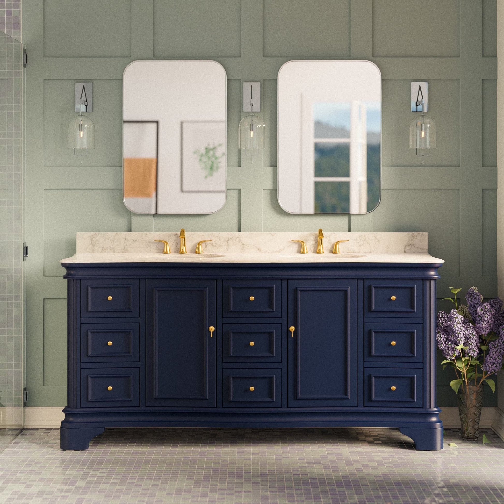 Katherine 72" Double Bathroom Vanity with White Cabinet and Carrara Marble Top