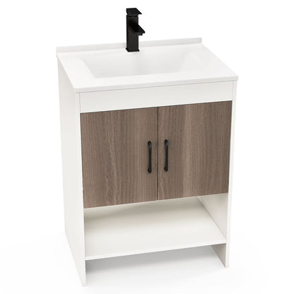 Gymax 25'' Bathroom Vanity Sink Combo w/Doors Open Shelf Backsplash Faucet Pop Up Drain