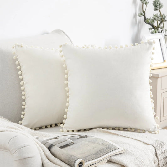 Phantoscope Throw Pillow with Insert,Silky Velvet Series Pom Pom Decorative pillow, 18" x 18", Off White, 2 Pack