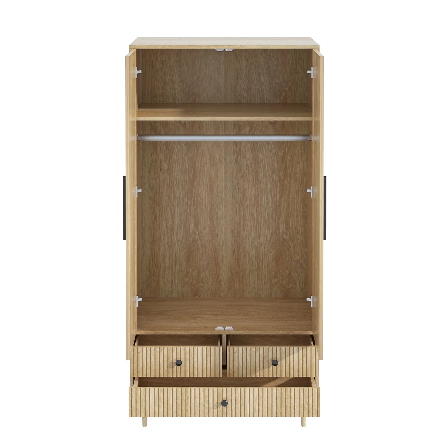 Oubayajia Wardrobe Armoire Closet, 2 Fluted Doors Wardrobe Cabinet with 3-Drawer and Hanging Rod, Wood Wardrobe Storage for Bedroom