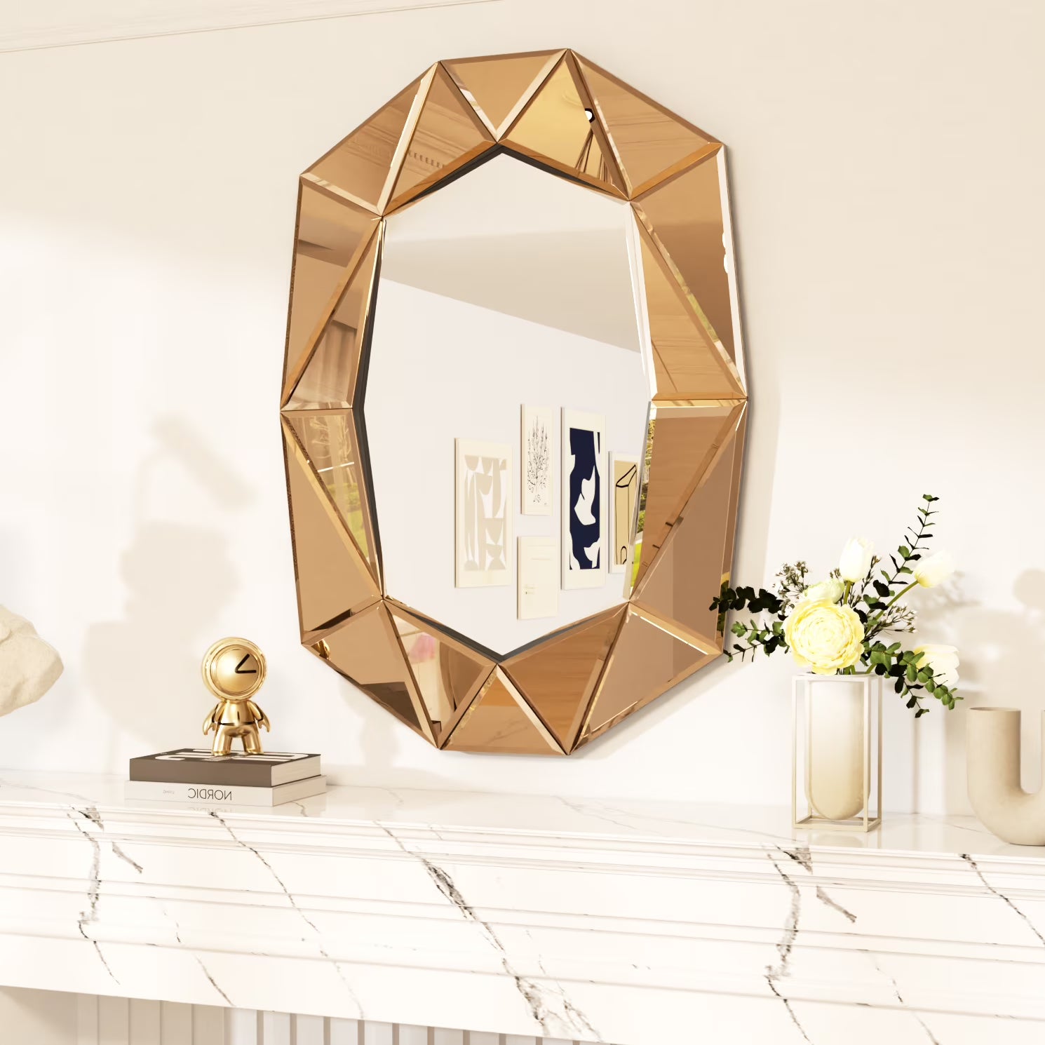 LUVODI Geometric Mirror Wall 28 x 39 inch Art Mirror Green 3D Glass Beveled for Bathroom Living Room