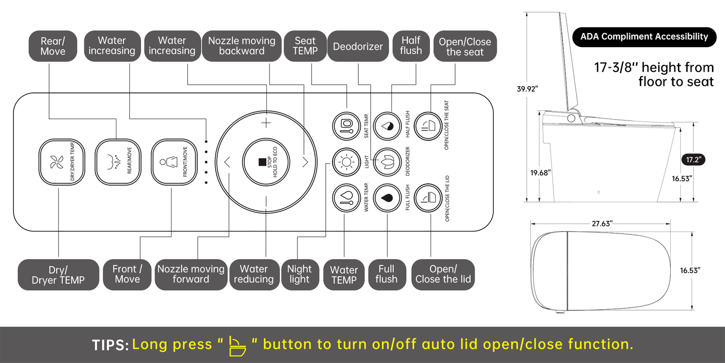 Smart Bidet Toilet Built in Tank,Comfortable Seat Height, Dual-Flush Elongated Toilet Bidet, Foot Sensor Flush/Open Seat Toilet U8Pro