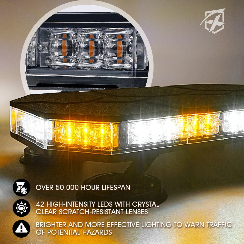 Xprite 42 LED High-Visibility 14" Rooftop Strobe Light Bar Vehicle Safety Emergency Beacon, Magnetic Base, Weatherproof - Amber