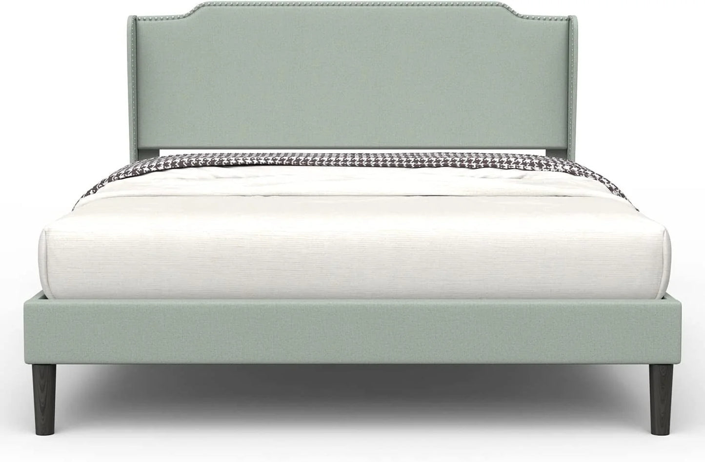 Bonsoir Queen Size Traditional Upholstered Low Profile Platform Bed Frame with Wing Back and Nail Trim Headboard/No Box Spring Needed/No Bed Skirt Needed/Soft Linen Fabric Upholstery/Light Green