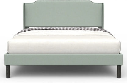 Bonsoir Queen Size Traditional Upholstered Low Profile Platform Bed Frame with Wing Back and Nail Trim Headboard/No Box Spring Needed/No Bed Skirt Needed/Soft Linen Fabric Upholstery/Light Green