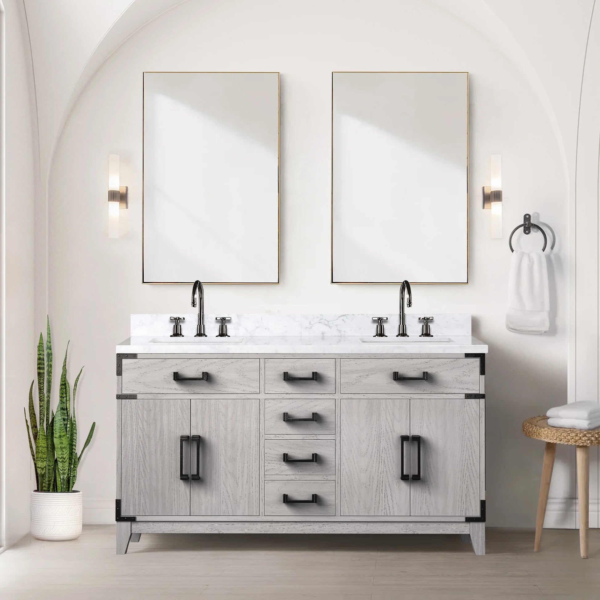 Laurel 60 in W x 22 in D White Oak Double Bath Vanity and Carrara Marble Top