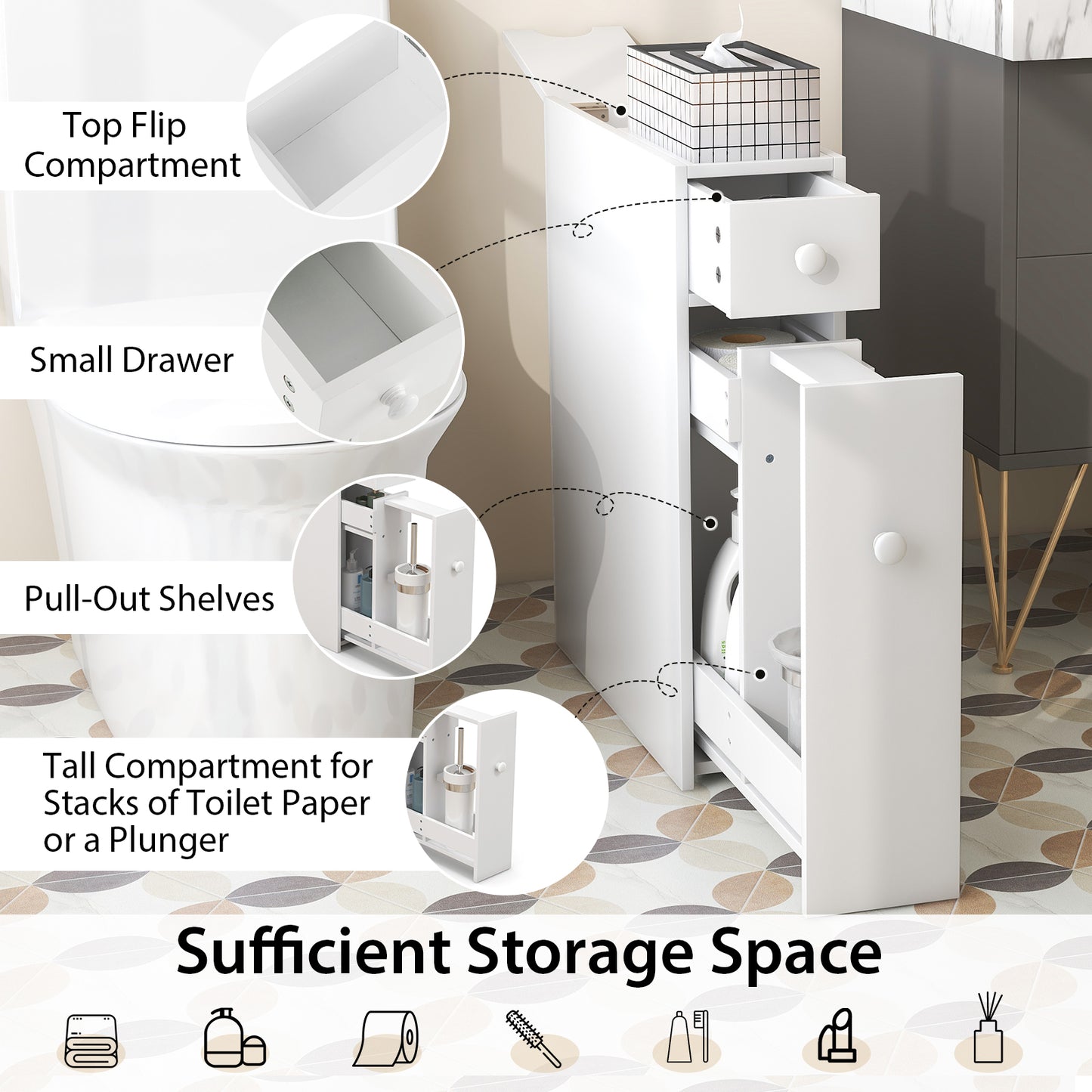 Topbuy Slim Bathroom Storage Cabinet Freestanding Toilet Paper Holder with Slide Out Drawers for Small Spaces White