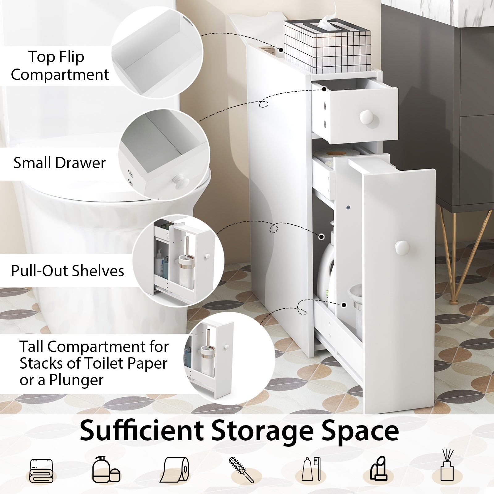 Topbuy Slim Bathroom Storage Cabinet Freestanding Toilet Paper Holder with Slide Out Drawers for Small Spaces White