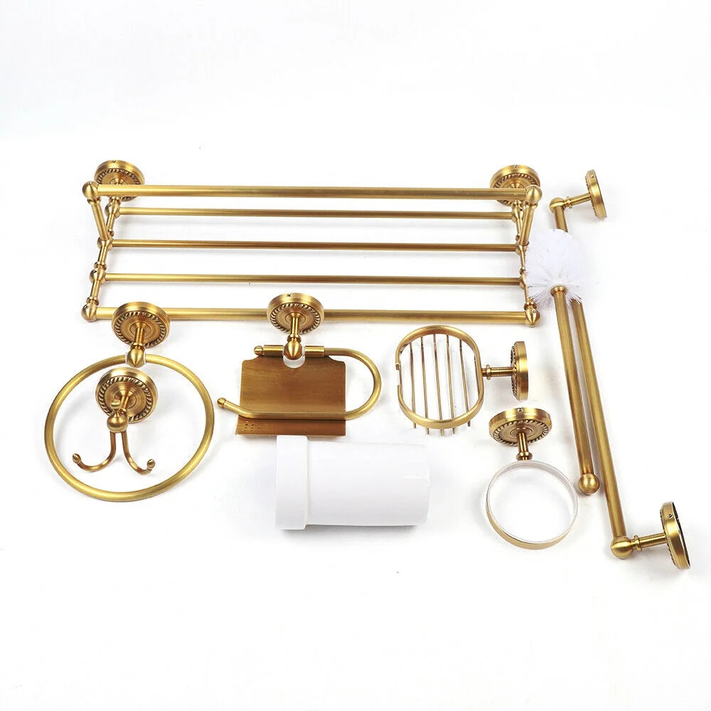 7 Antique Bathroom Accessory Bathroom Hardware Set Brass Carved Towel Bar Shelf 7PCS Antique Bathroom Accessories Bath Hardware Set Carved Brass Towel Rack Bar Gold Bathroom Accessories Set Toilet