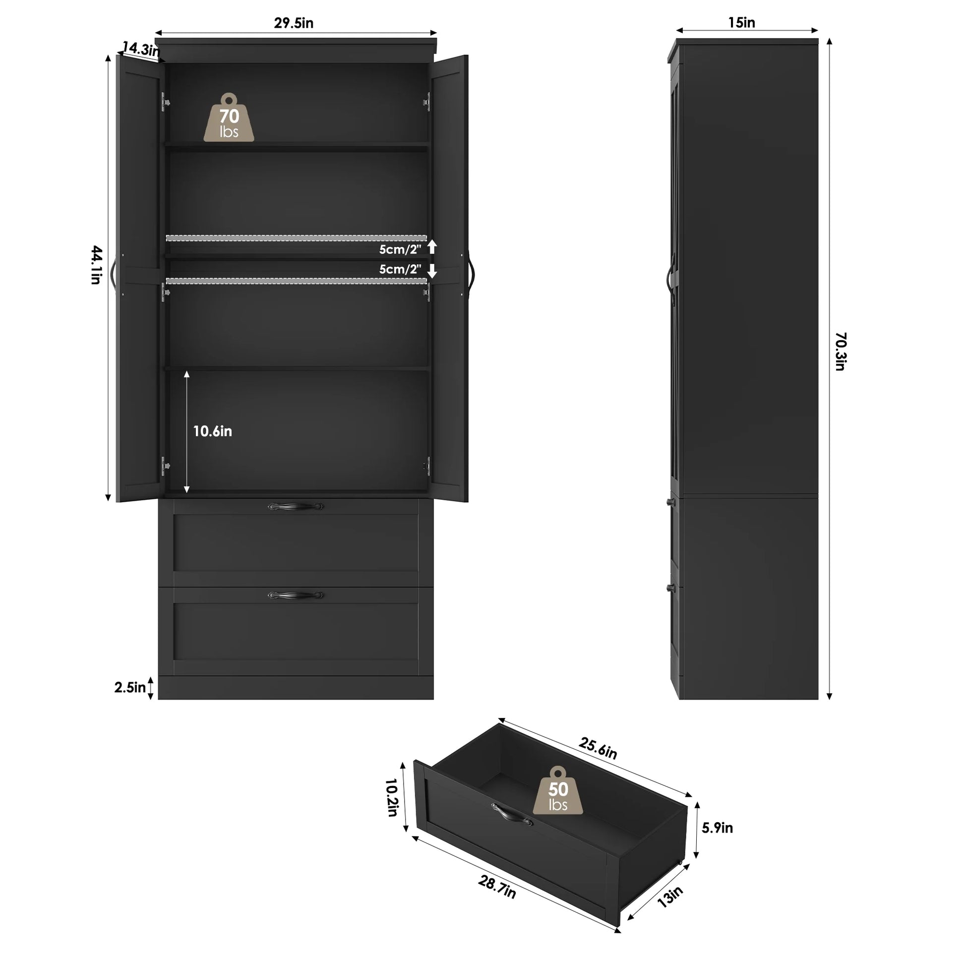 Homfa 70.3"H Bathroom Storage Cabinet, Farmhouse Linen Storage Cabinet with 2 Drawers, White