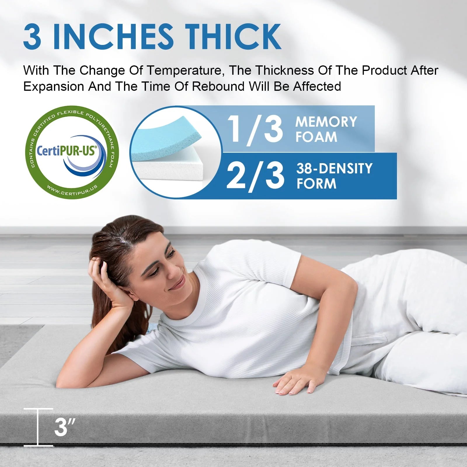 KingChii CertiPUR-US 3" Thick Memory Foam Camping Mattress, Sleeping Bed for Kids Adults, Portable Roll Up Sleeping Mats with Removable Waterproof Mattress Topper Travel Bag
