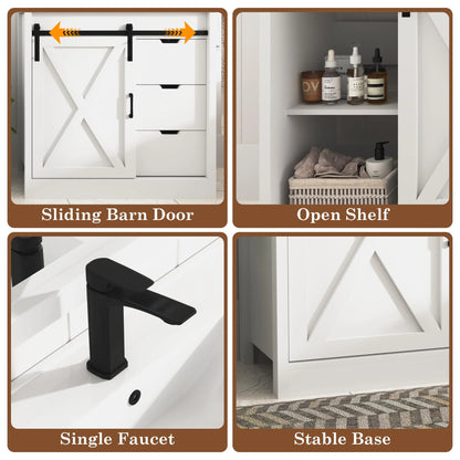 Blotout 36" Bathroom Vanity with Sink & Faucet & Mirror, Farmhouse Bathroom Vanity Cabinet Set with Sliding Barn Door & 3 Drawers, Freestanding Single Bath Storage Vanity Ceramic Sink, White