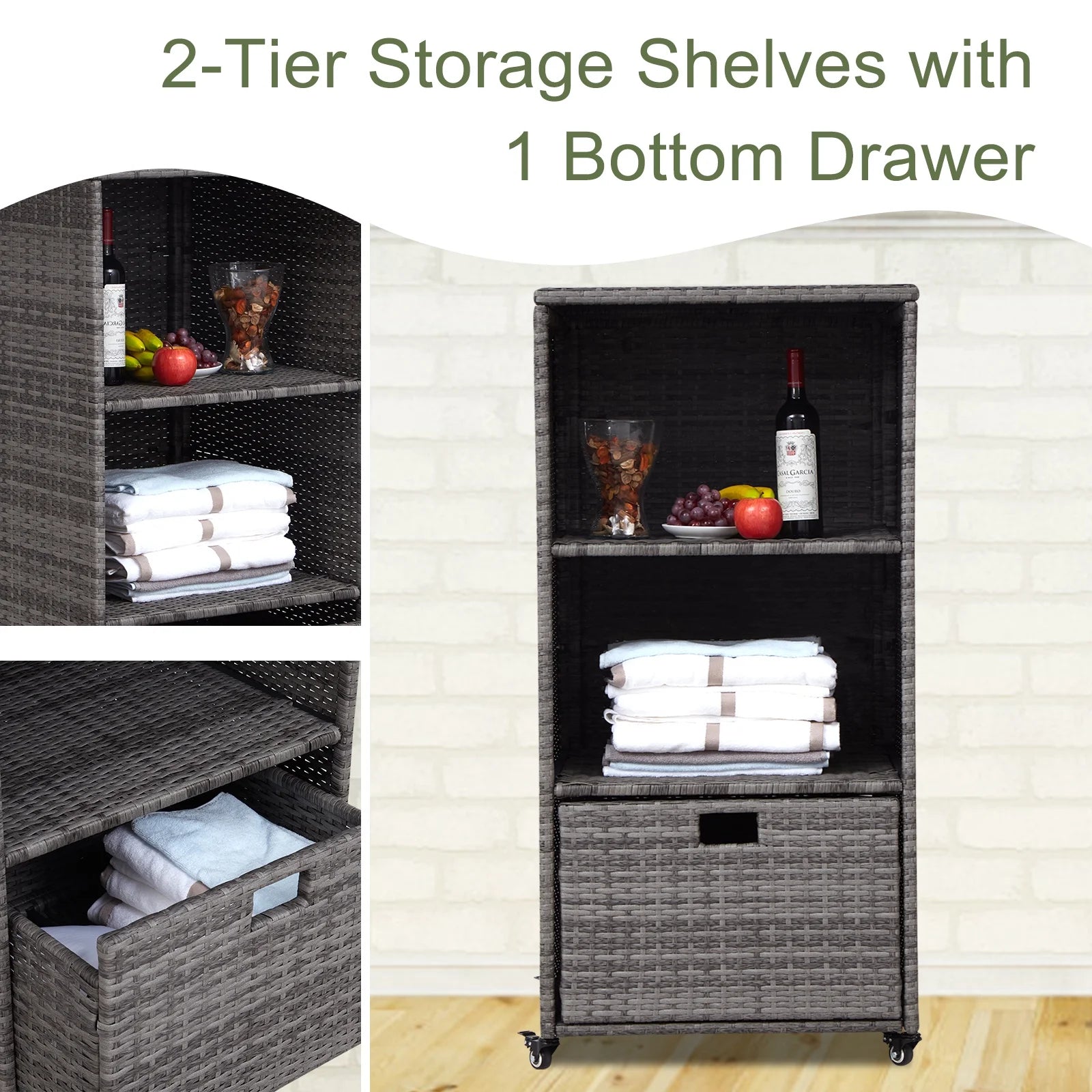 Kinbor Outdoor Pool Towel Rack, Waterproof PE Rattan Storage Cabinet Organizer with 2 Storage Shelves & 1 Bottom Drawer, Gray