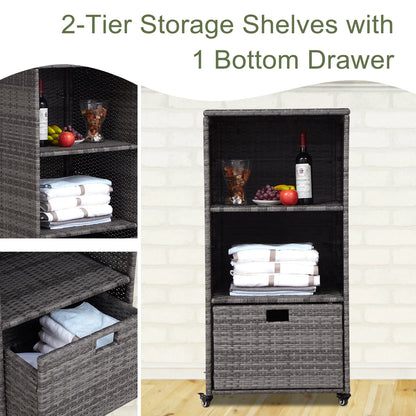 Kinbor Outdoor Pool Towel Rack, Waterproof PE Rattan Storage Cabinet Organizer with 2 Storage Shelves & 1 Bottom Drawer, Gray