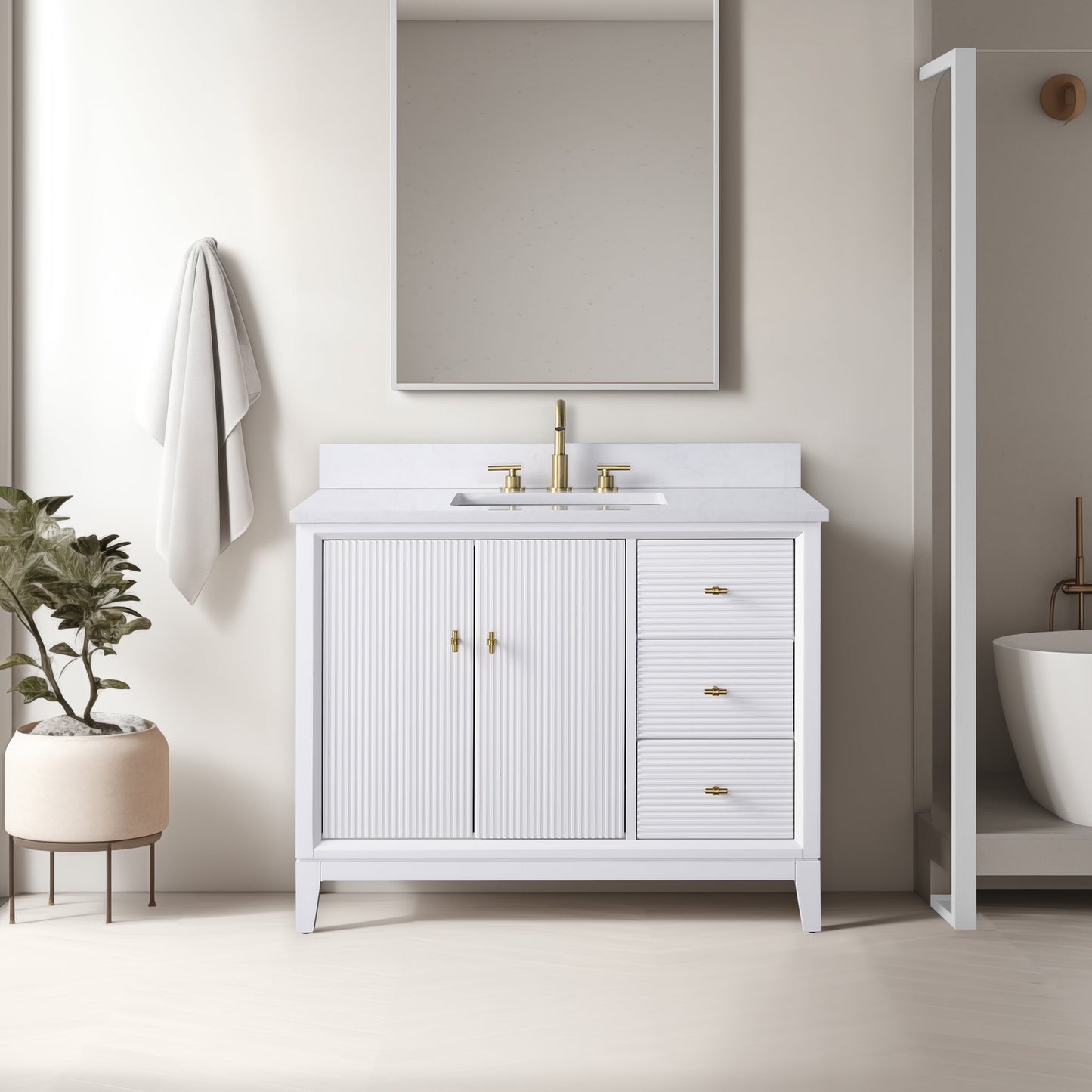 Vanity Art 42" Bathroom Vanity with Sink and Engineered Marble Top, Freestanding Storage Cabinet with 2 Drawers, 1 Shelf and Flip Down Tray