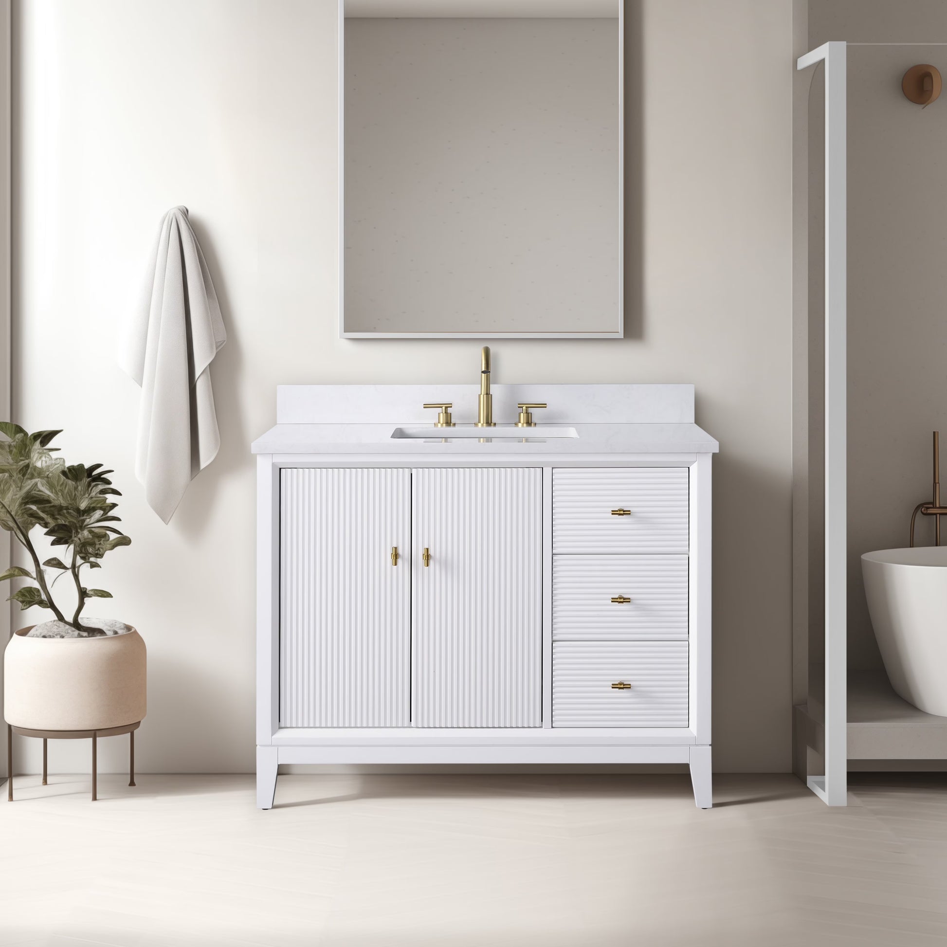 Vanity Art 42" Bathroom Vanity with Sink and Engineered Marble Top, Freestanding Storage Cabinet with 2 Drawers, 1 Shelf and Flip Down Tray