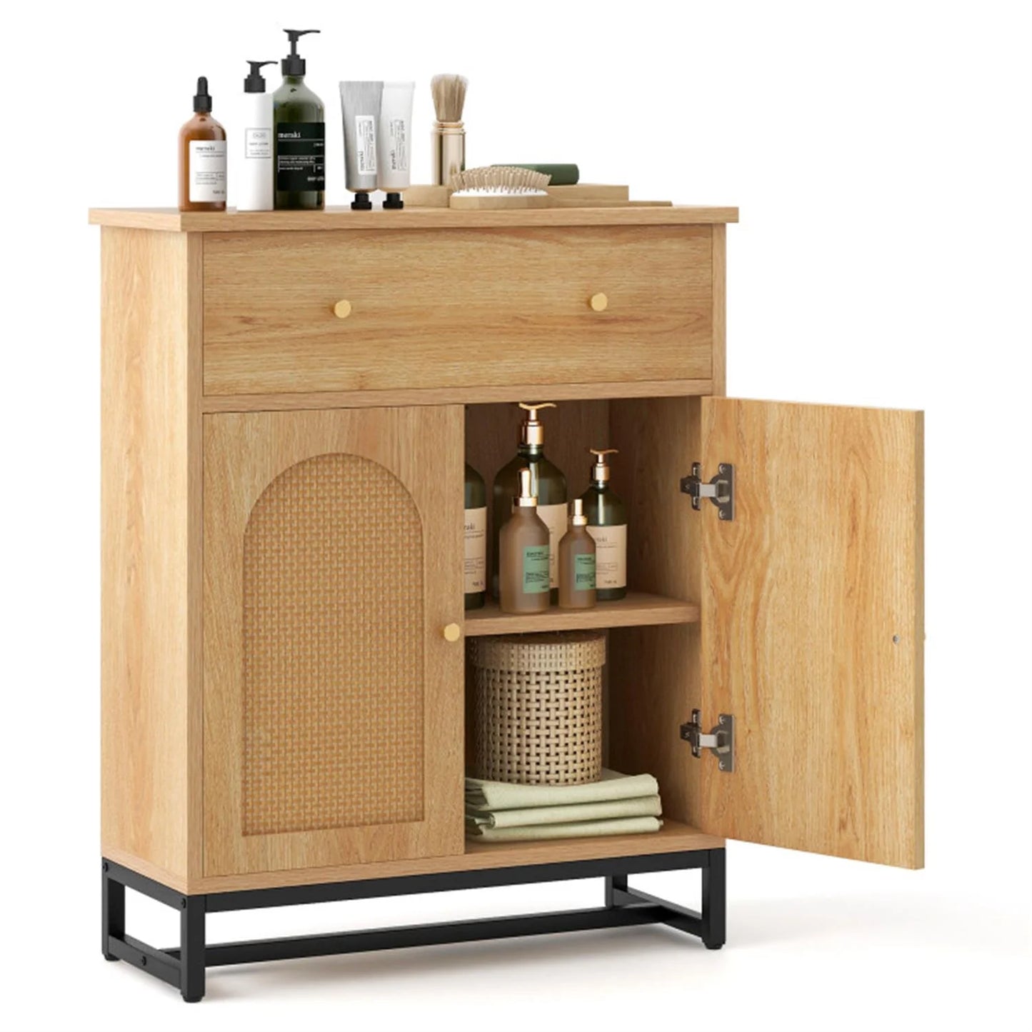 Finihen Accent Floor Storage Cabinet with Rattan Doors, Bathroom Cabinet with Large Drawer, Freestanding Storage Cabinet Organizer, Beige
