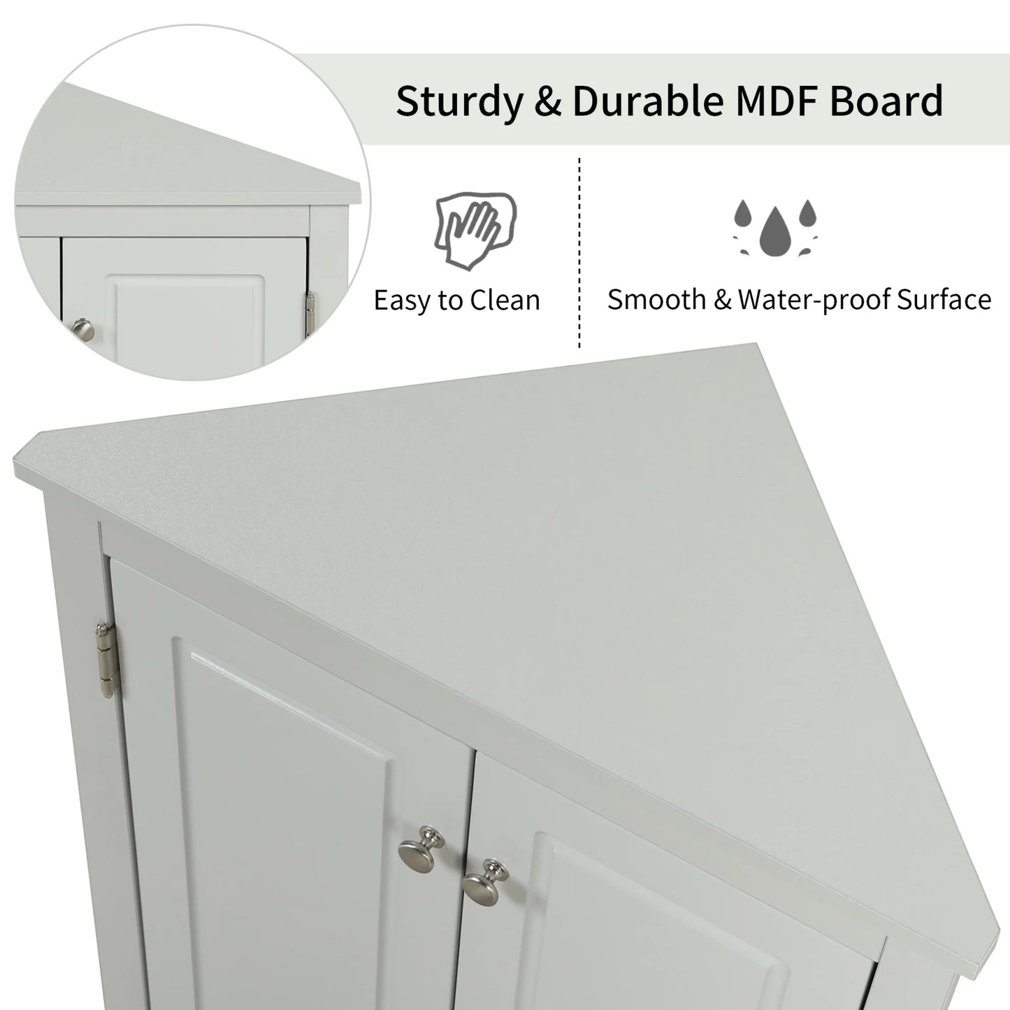 Triangle Bathroom Storage Cabinet, Wooden Corner Freestanding Floor Cabinet with Double Doors and Adjustable Shelves, Mordern Console Table for Bathroom, Living Room, Small Space, Grey