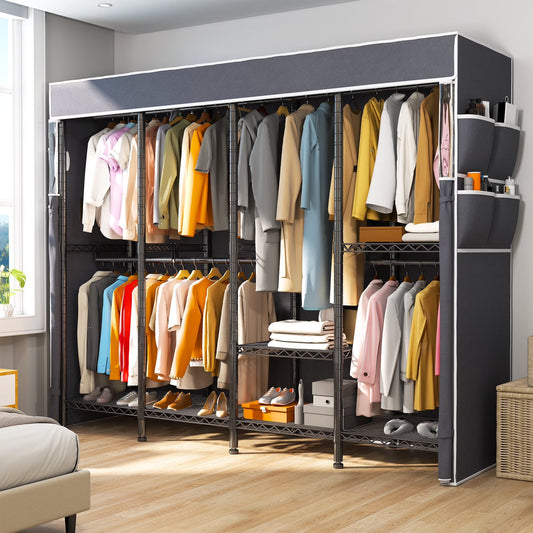EnHomee 76"W Clothes Rack with Cover,1100LBS Heavy Duty Wardrobe Closet Organizer,Adjustable Portable ClosetBlack