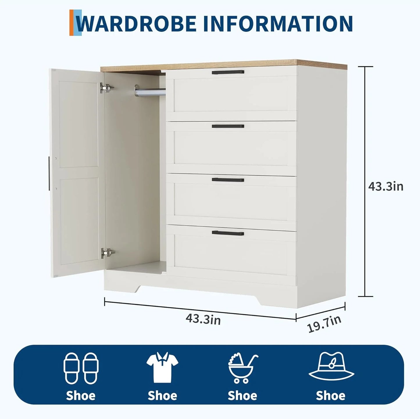 43.3" H Armoire Wardrobe Closet with 4 Drawers & Hanging Rod, Multifunctional Wood Storage Cabinet for Bedroom, Natural Oak