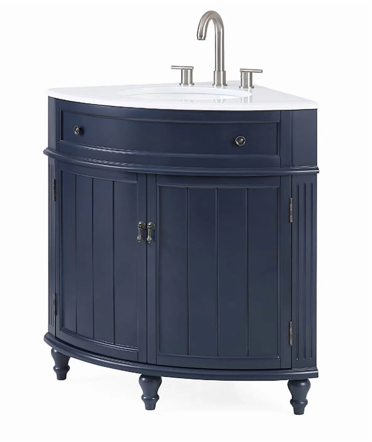 Tennant Brand 24" Navy Blue Corner Bathroom Vanity with White Quartz Top