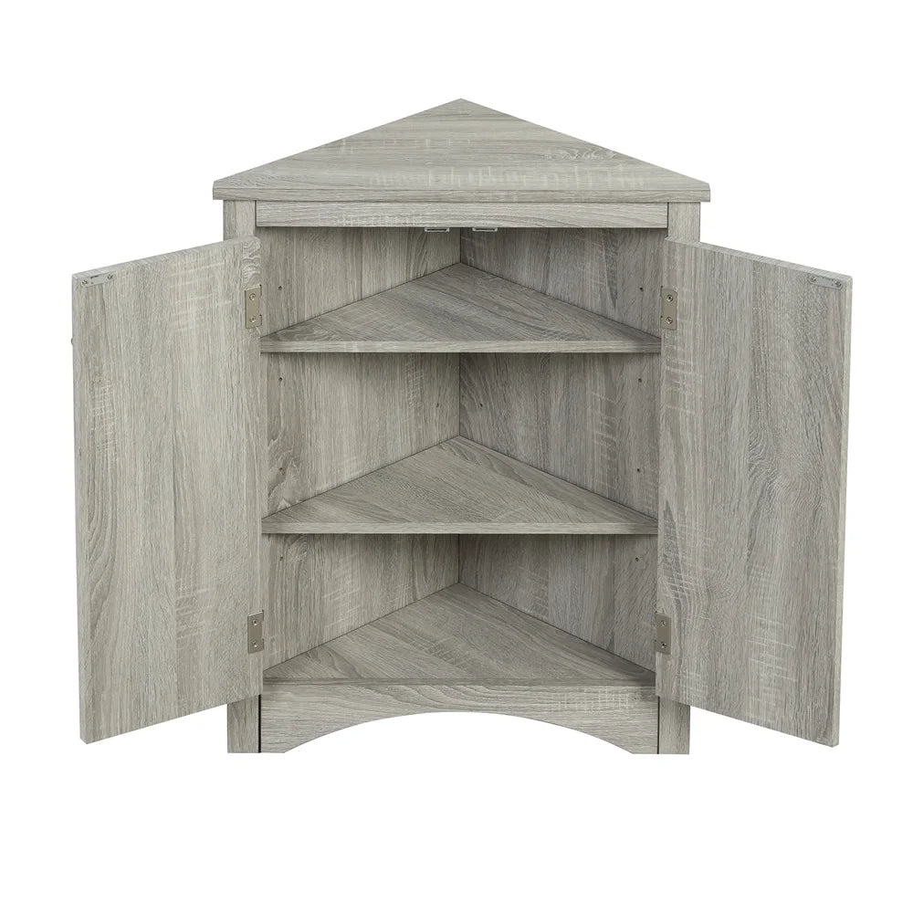 Home Floor Corner Cabinet with Adjustable Shelves and Two Doors, Triangle Bathroom Storage Cabinet, Modern Style Freestanding Floor Cabinet for Kitchen, Living Room and Hall, Oak