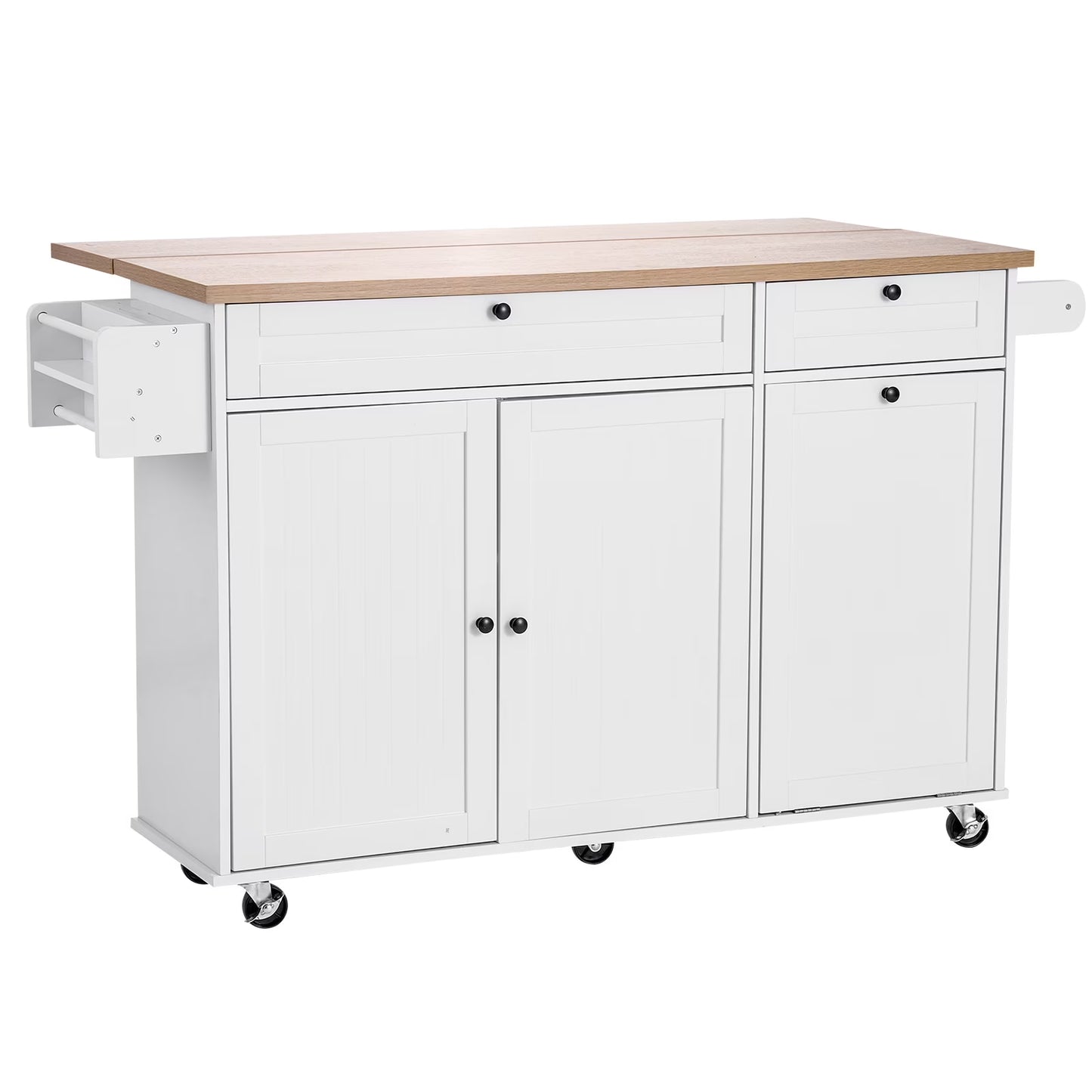 KFFKFF 60in Wide Mobile Kitchen Island Cart with Storage, Drop Leaf, 2 Drawers, Trash Bin Cabinet, Knife Slot, Spice Organizer, and Towel Bar, Ideal for Dining Room or Pantry