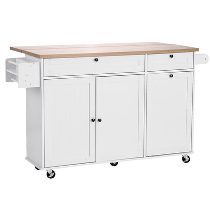 KFFKFF 60in Wide Mobile Kitchen Island Cart with Storage, Drop Leaf, 2 Drawers, Trash Bin Cabinet, Knife Slot, Spice Organizer, and Towel Bar, Ideal for Dining Room or Pantry