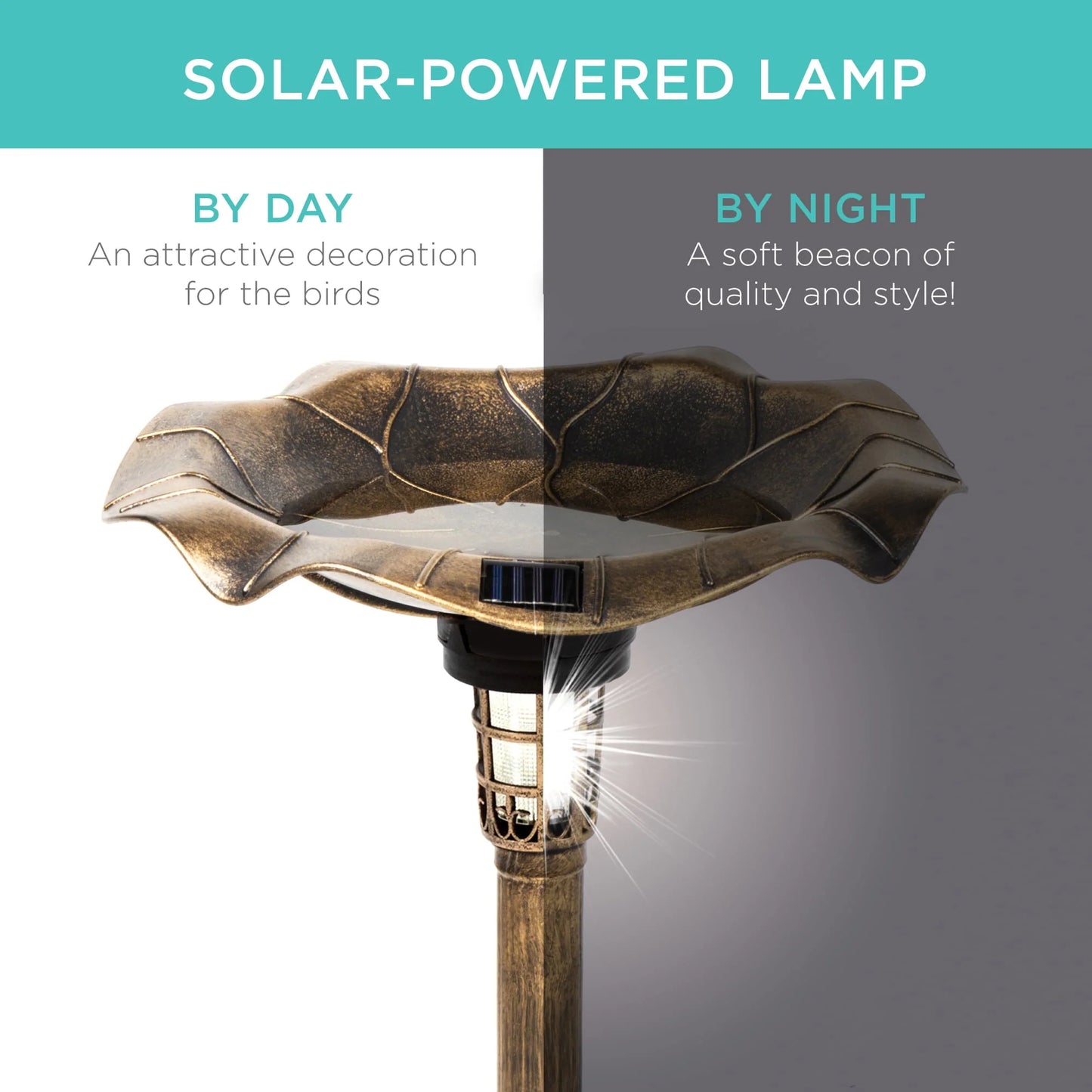 Best Choice Products Solar Lighted Pedestal Bird Bath w/Planter, Integrated Panel - Bronze