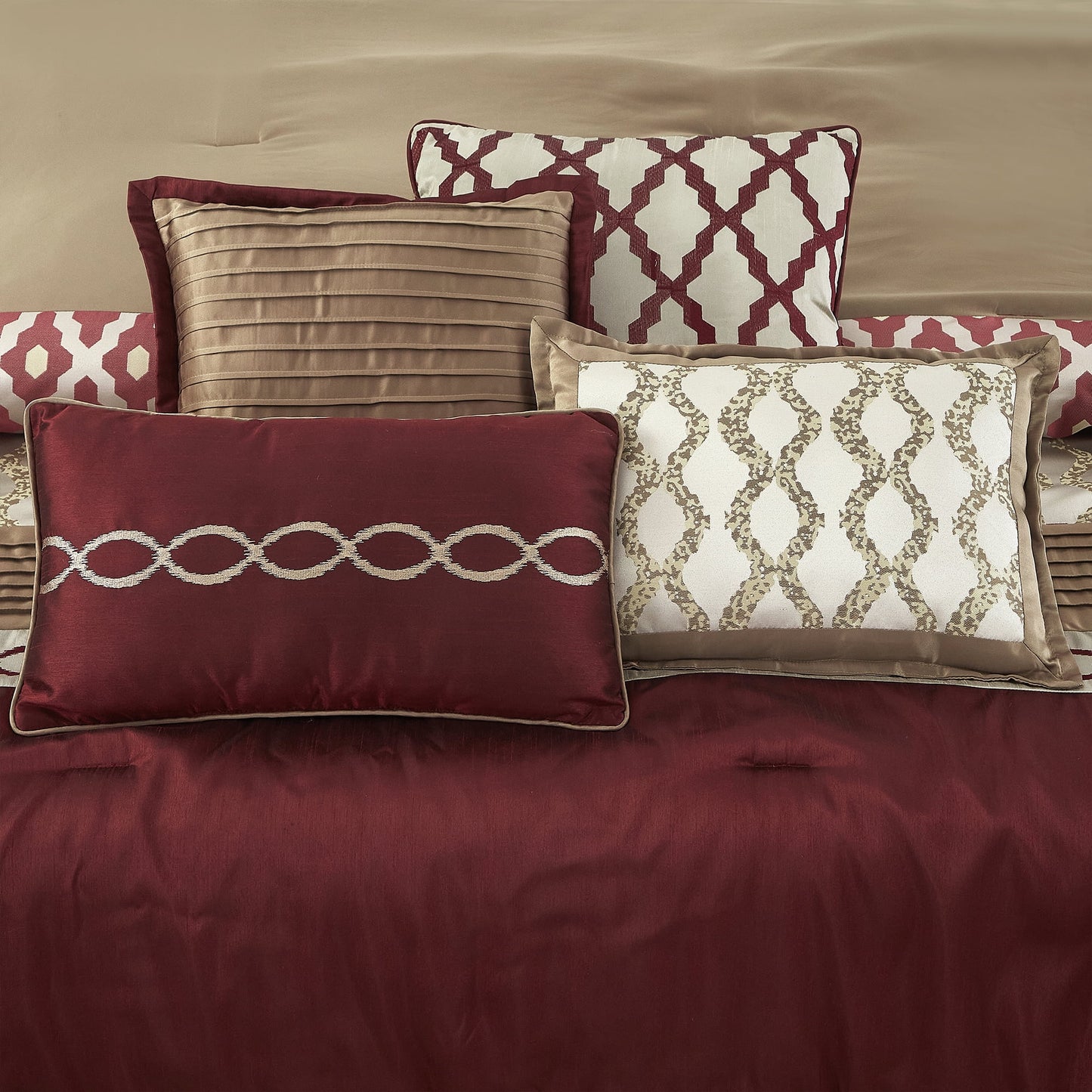 LANCO MODERN LIFESTYLE King Size Comforter Set, Burgundy, 10 Piece Bed in a Bag for All Seasons, Luxury Extreme Comfort Bedding Sets with Bedskirt, Pillow Shams, Euro Shams and Decor Pillows