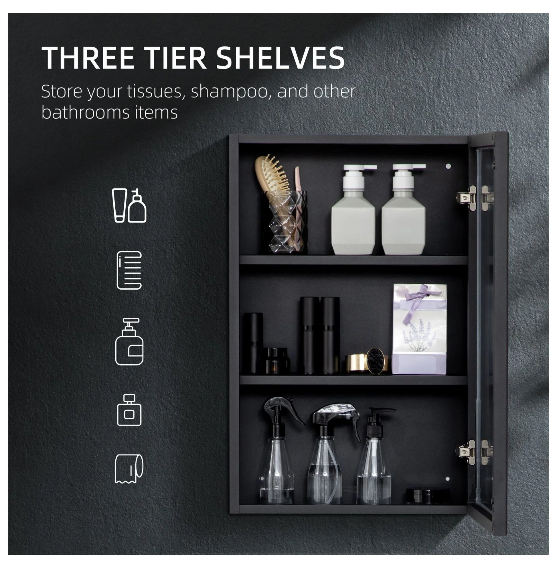 Compact Wall Cabinet, Black Single Door Medicine Cabinet with Mirror & Shelves for Bathroom or Home