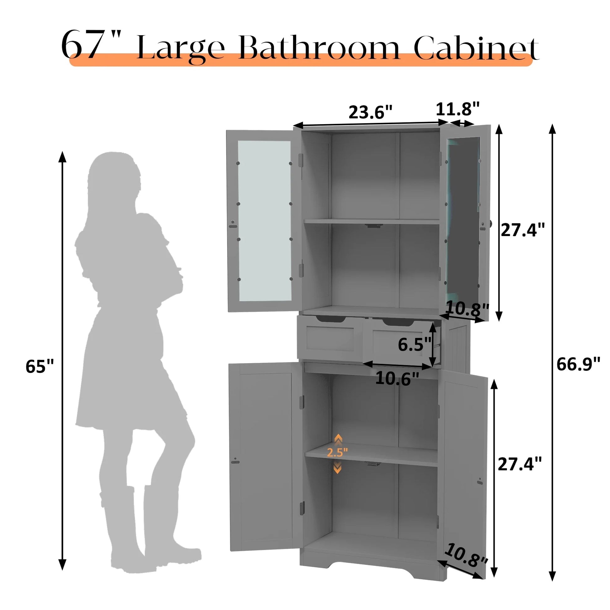 Joywind Gray Freestanding Bathroom Storage Cabinet with Glass Doors - 67" Tall Linen Organizer with 2 Drawers & Adjustable Shelves, for Bathroom, Kitchen, Living Room, Office Storage