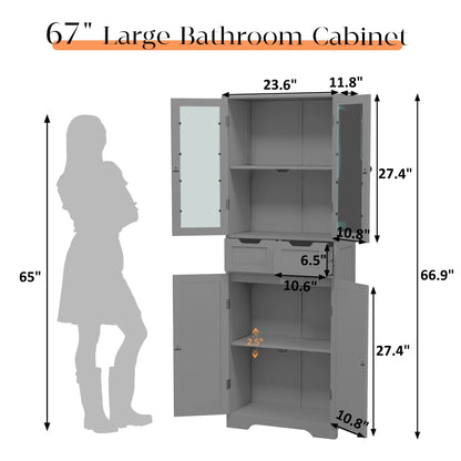 Joywind Gray Freestanding Bathroom Storage Cabinet with Glass Doors - 67" Tall Linen Organizer with 2 Drawers & Adjustable Shelves, for Bathroom, Kitchen, Living Room, Office Storage