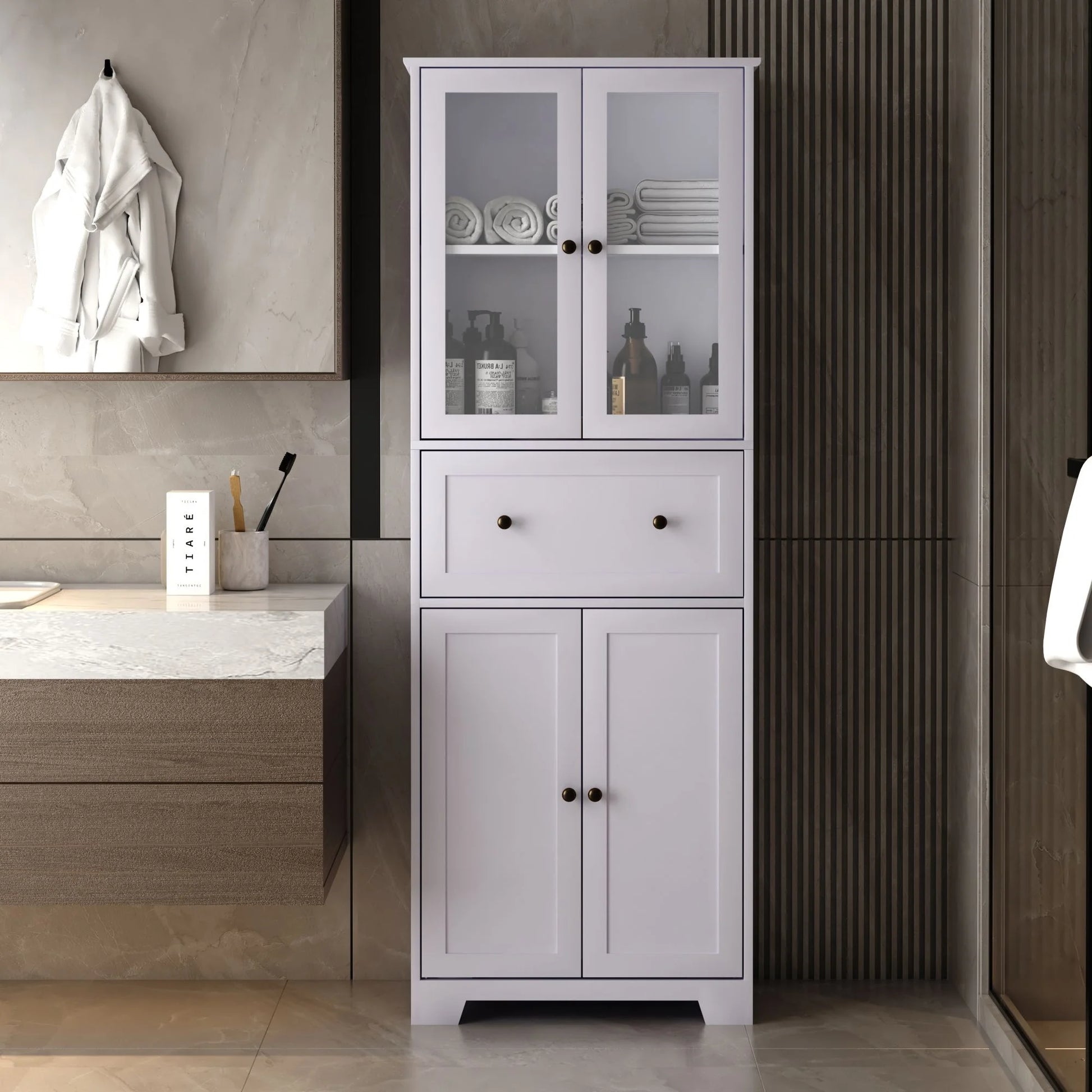 Ktaxon 64" Tall Bathroom Storage Cabinet, Kitchen Pantry, Sideboard Buffet Cabinet Cupboard Wooden with 2 Doors and Adjustable Shelves for Bathroom Kitchen, White