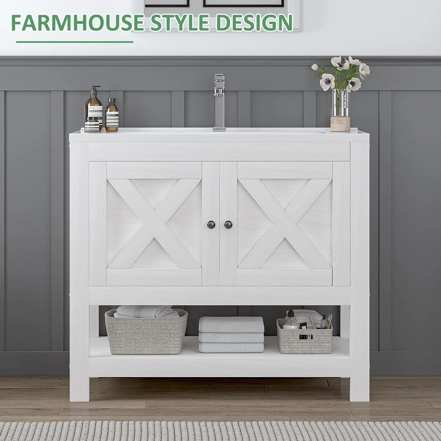 DreamCurship Bathroom Vanity with Sink Combo, 35'' Bathroom Storage Cabinet with Storage, Farmhouse Bathroom Vanity Cabinet with 2 Doors and Open Shelf, White