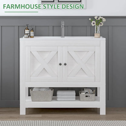 DreamCurship Bathroom Vanity with Sink Combo, 35'' Bathroom Storage Cabinet with Storage, Farmhouse Bathroom Vanity Cabinet with 2 Doors and Open Shelf, White