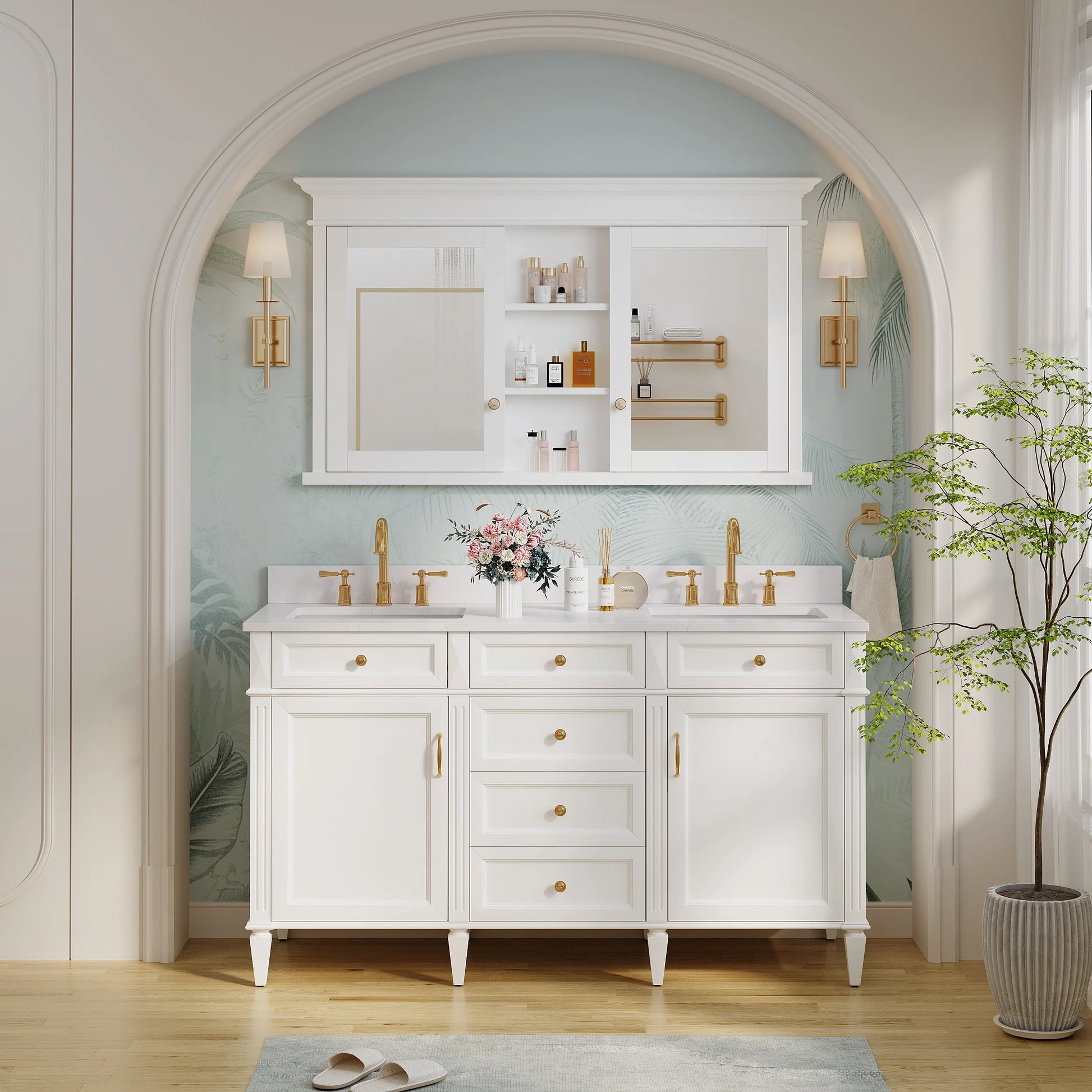 FORCLOVER 55"x 32" Bathroom Medicine Cabinet with 6 Adjustable Shelves, Recessed Mount Wooden Medicine Cabinet Storage with Mirrors and Soft-Close Door, White